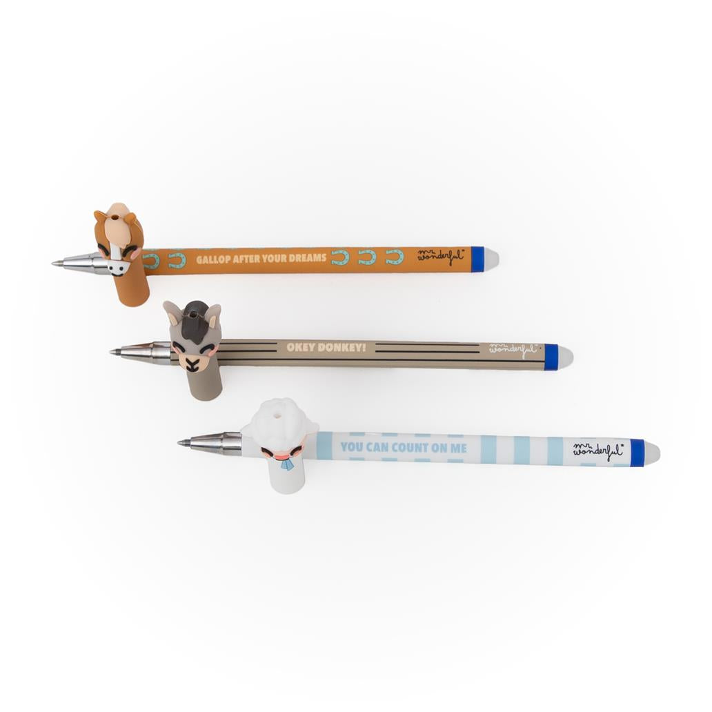 Set de 3 Canetas Apagáveis Mr. Wonderful - Animais Quinta (Ovelha, Burro, Cavalo)