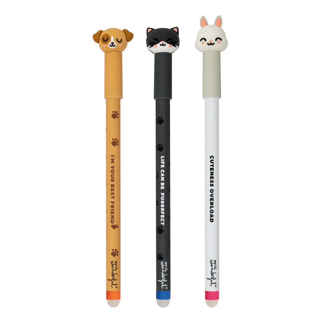 Set de 3 Canetas Apagáveis Mr. Wonderful - Cão, Gato e Coelho