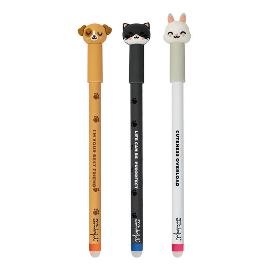 Set de 3 Canetas Apagáveis Mr. Wonderful - Cão, Gato e Coelho