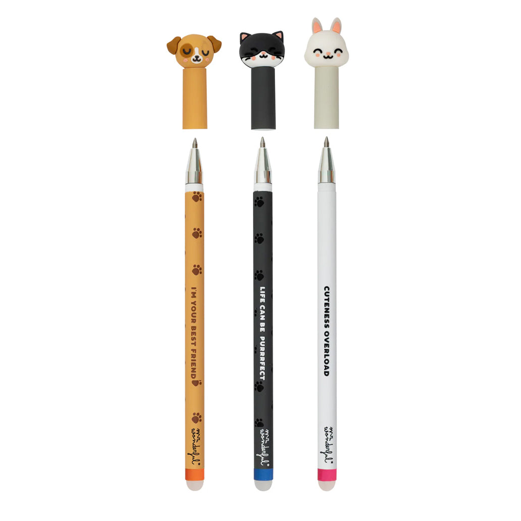 Set de 3 Canetas Apagáveis Mr. Wonderful - Cão, Gato e Coelho