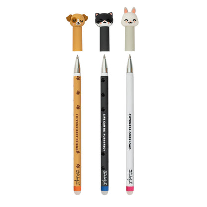 Set de 3 Canetas Apagáveis Mr. Wonderful - Cão, Gato e Coelho