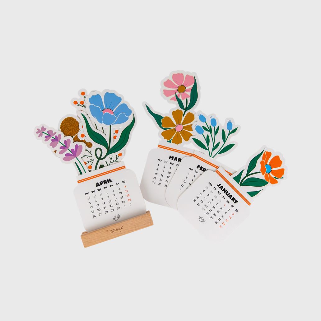 Mini Calendário com base de madeira 2027 - Flowers