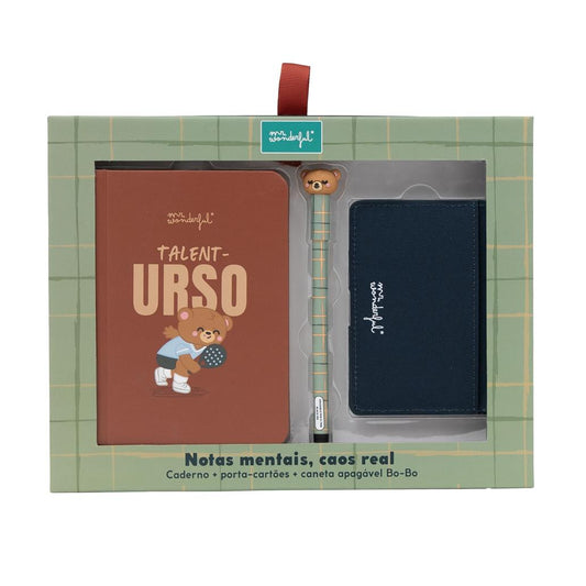 Conjunto Caderno A6 + Porta-cartões + Esferográfica apagável Bo-bo Urso - Talent-oso
