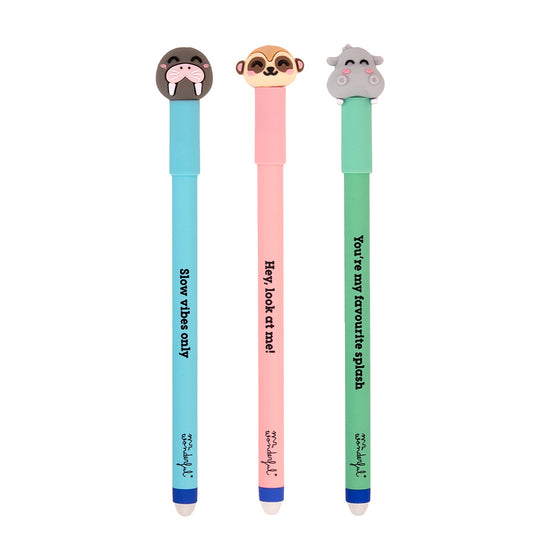 Set de 3 Canetas Apagáveis Mr. Wonderful - Morsa, Suricata e Hipopótamo