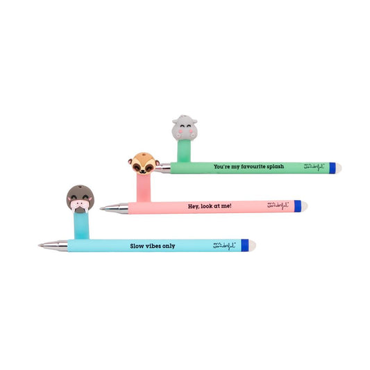 Set de 3 Canetas Apagáveis Mr. Wonderful - Morsa, Suricata e Hipopótamo