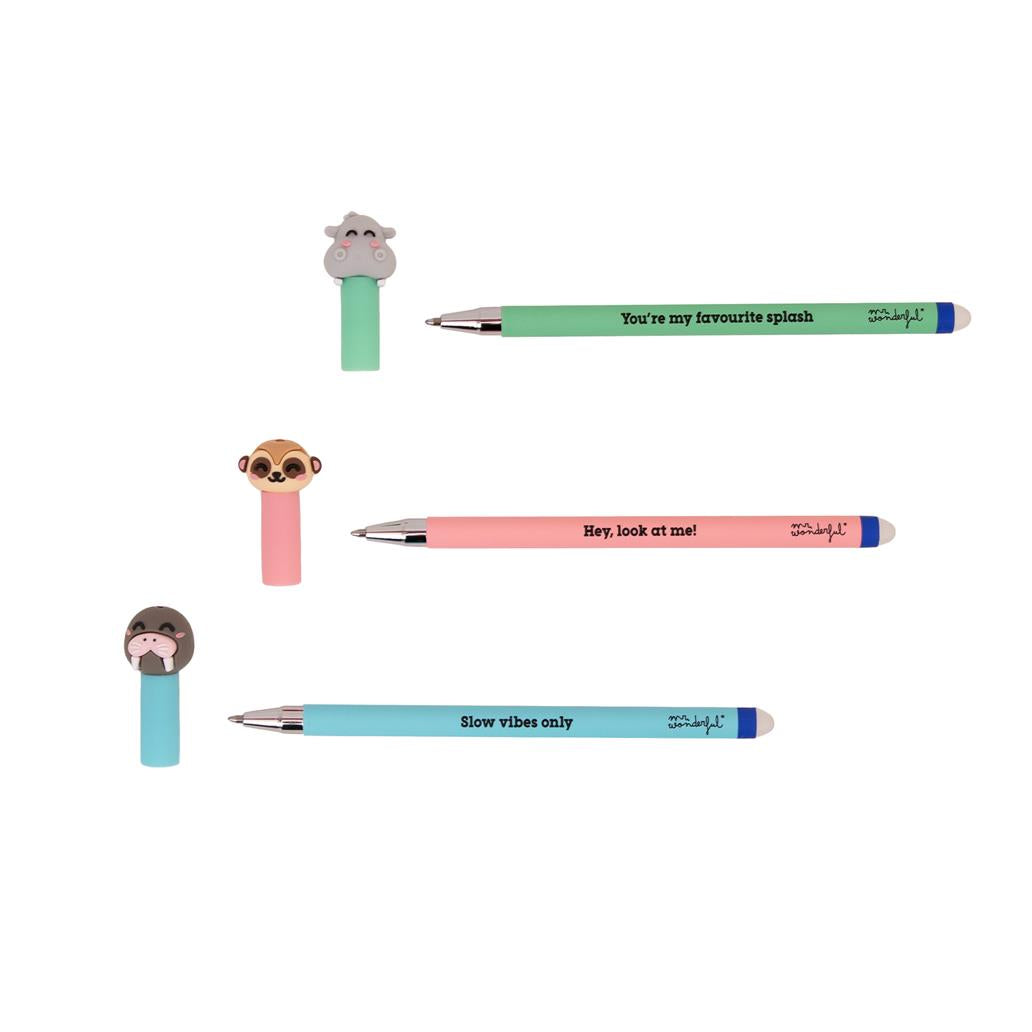 Set de 3 Canetas Apagáveis Mr. Wonderful - Morsa, Suricata e Hipopótamo