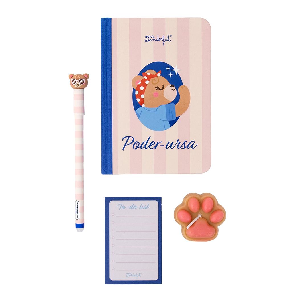Conjunto Caderno A6 + Vela + Bloco + Esferográfica apagável Bo-bo Urso - Poder-osa