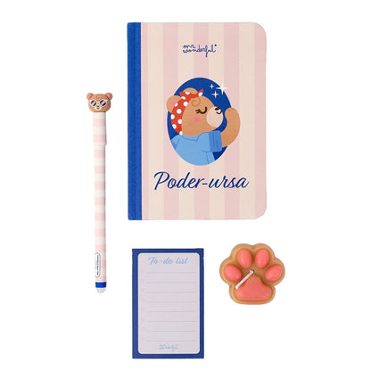 Conjunto Caderno A6 + Vela + Bloco + Esferográfica apagável Bo-bo Urso - Poder-osa