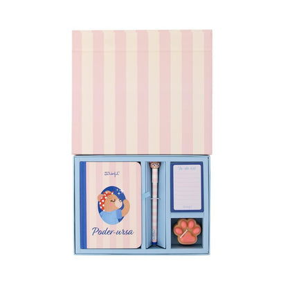 Conjunto Caderno A6 + Vela + Bloco + Esferográfica apagável Bo-bo Urso - Poder-osa