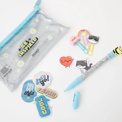 Conjunto "Be Inspired" — Estojo + Caneta + Clipes + Autocolantes