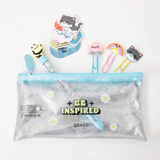Conjunto "Be Inspired" — Estojo + Caneta + Clipes + Autocolantes