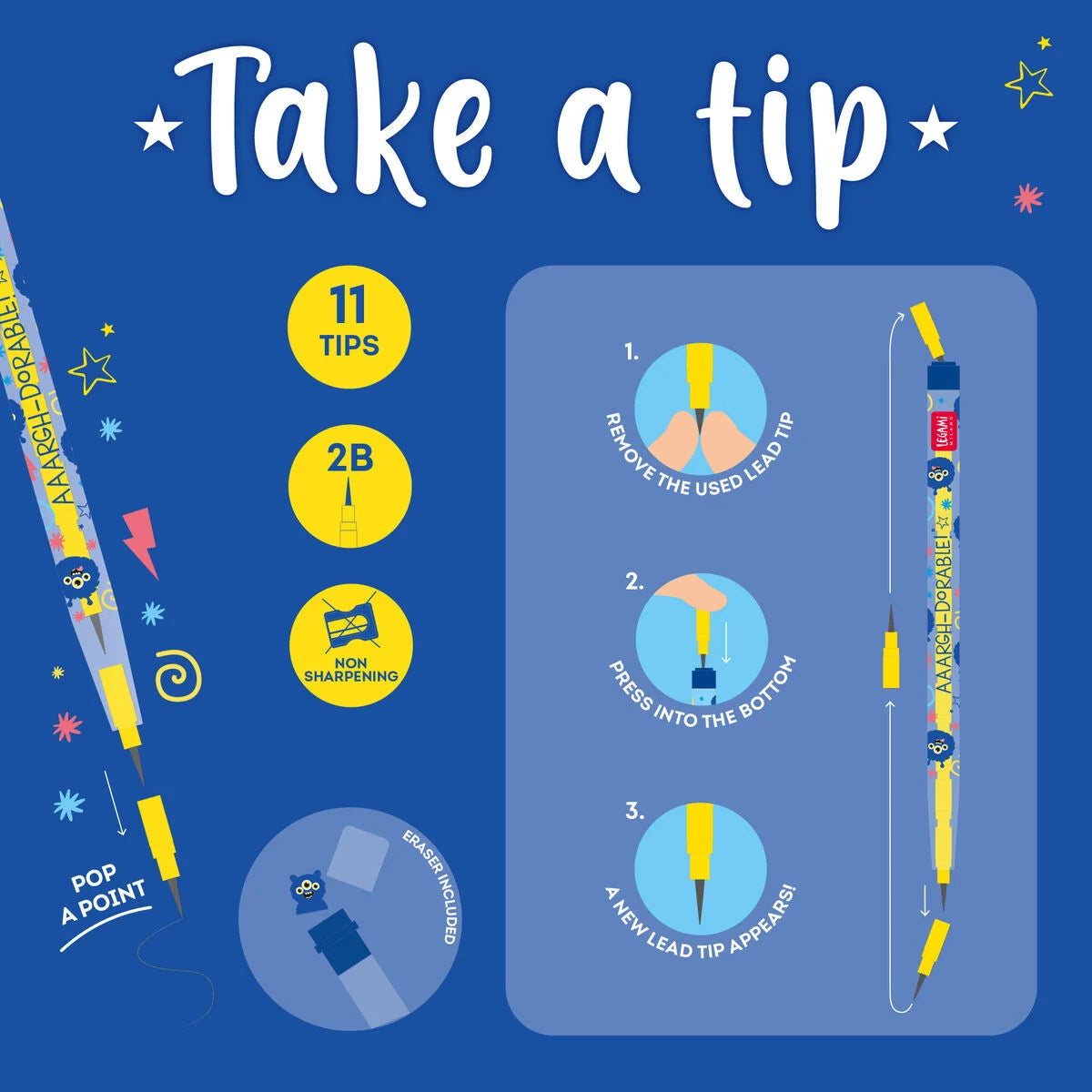 Lápis Empilhável com Borracha Take a Tip – Monster