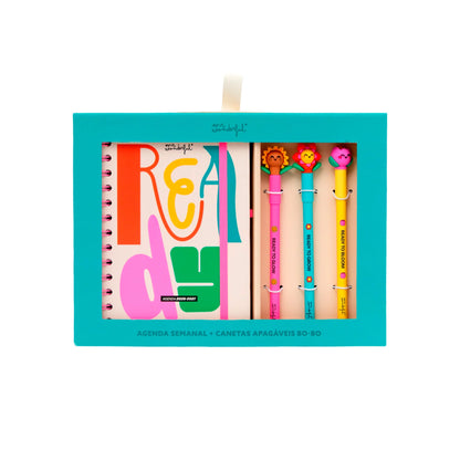 Conjunto agenda Mr Wonderful pequena 2026-2027 Semanal + 3 canetas apagáveis Bo-Bo