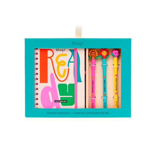 Conjunto agenda Mr Wonderful pequena 2026-2027 Semanal + 3 canetas apagáveis Bo-Bo