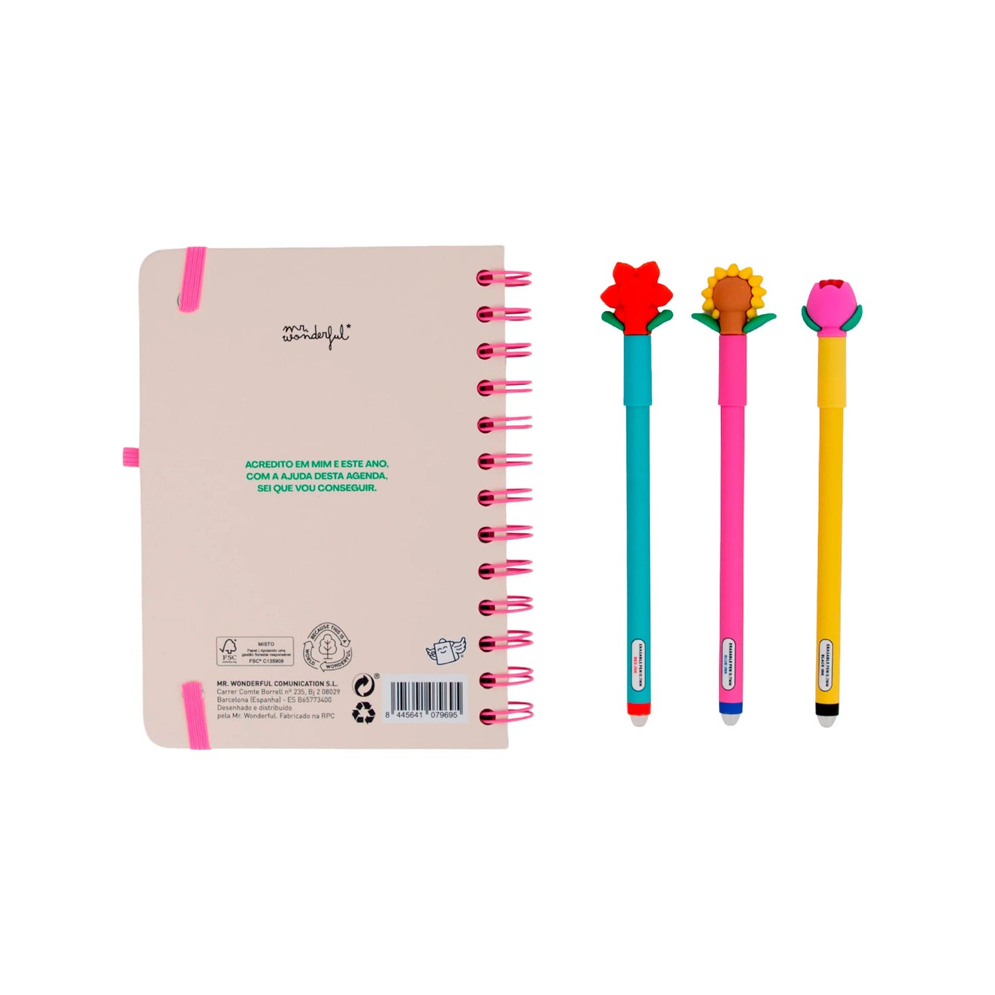 Conjunto agenda Mr Wonderful pequena 2026-2027 Semanal + 3 canetas apagáveis Bo-Bo