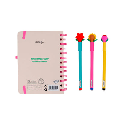 Conjunto agenda Mr Wonderful pequena 2026-2027 Semanal + 3 canetas apagáveis Bo-Bo